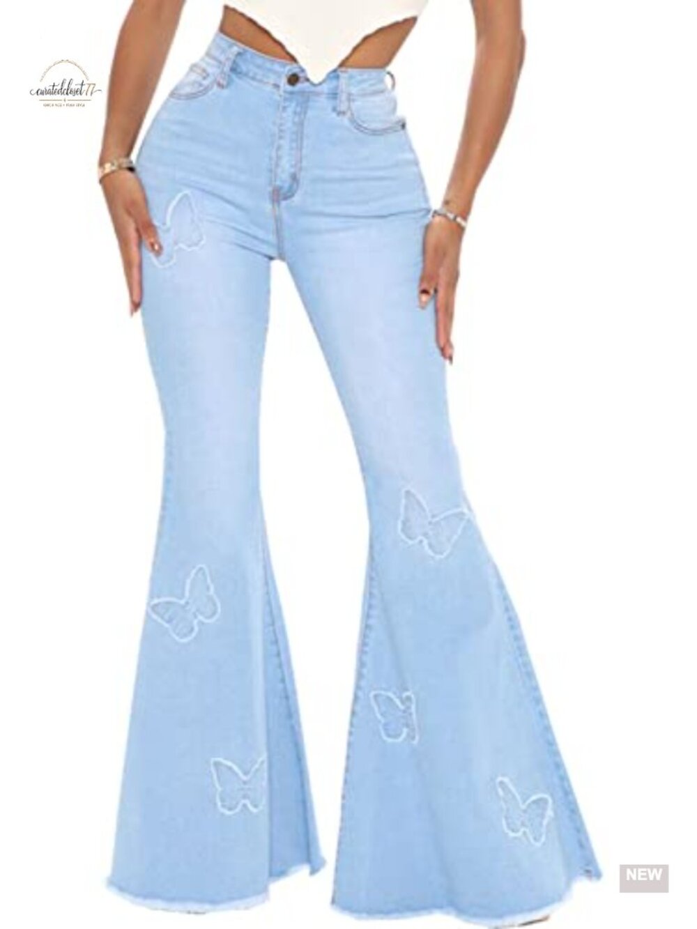 Women's Butterfly Embroidered Bell Bottom Jeans High Waisted Flare Denim Pants
